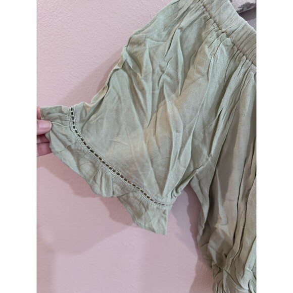 Sage Green Boho Crop Top Lace-Trim Front Elastic Neck & Sleeve Large NEW - Picture 4 of 6